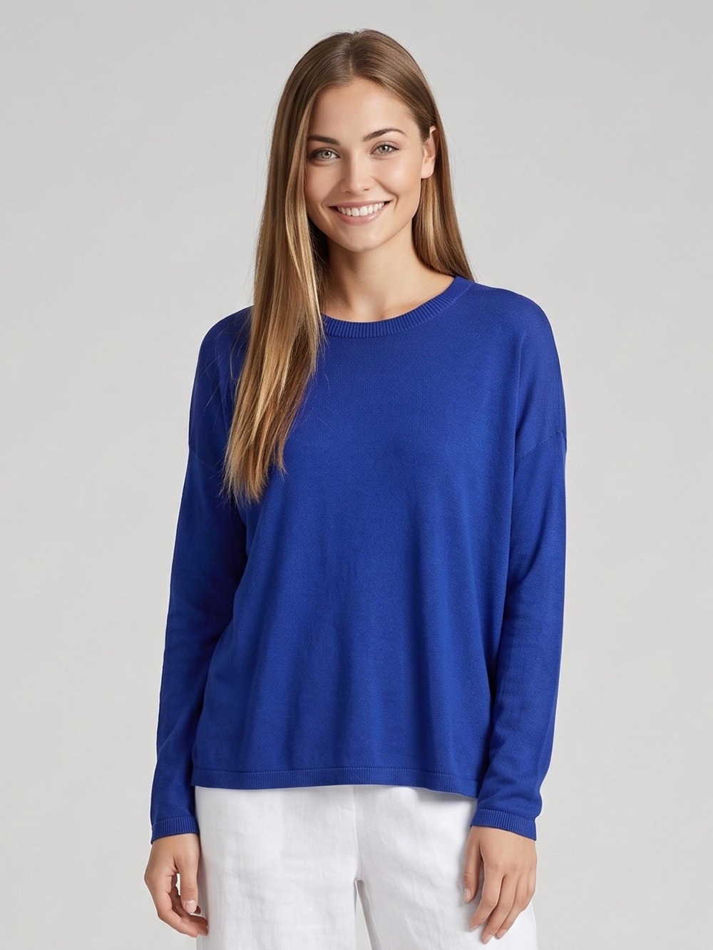 🌻NEW w/tag Eileen Fisher Royal Blue Boxy Tencel Crewneck Knit Top Size Medium